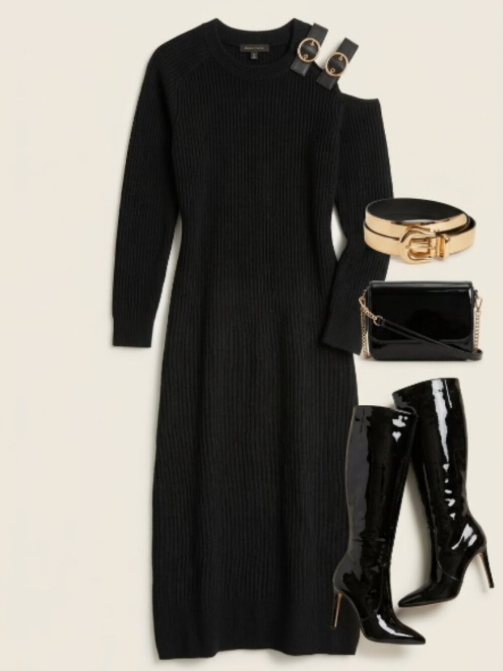 New ! Donna Karan One Shoulder Gold Buckle Ribbed Sweater Dress M Size 8 10 NWT